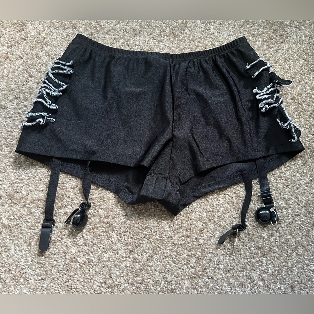 PMG Halloween Ruffle Butt Garter Shorts Bloomers Black & White Burlesque Sexy